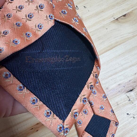 Ermenegildo Zegna Mens Silk Classic Tie Necktie Orange Floral Embroidered - Picture 4 of 7